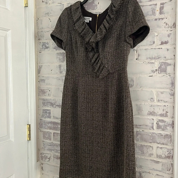 Kay Unger Women’s Dress Tweed Knee Length Brown V-Neck Fall Career Work Size 8 - Picture 3 of 13